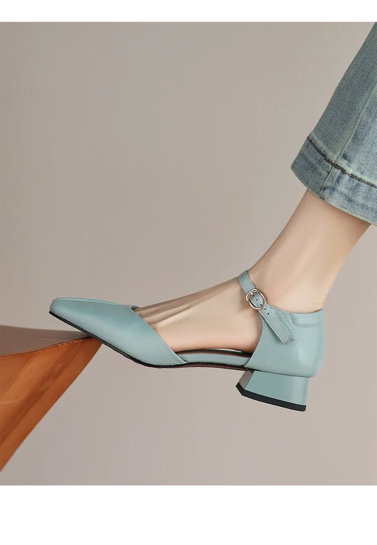 Summer sandals, chunky heel, high heel, square toe, buckle, genuine leather, fashion women's shoes, style 3-12b.