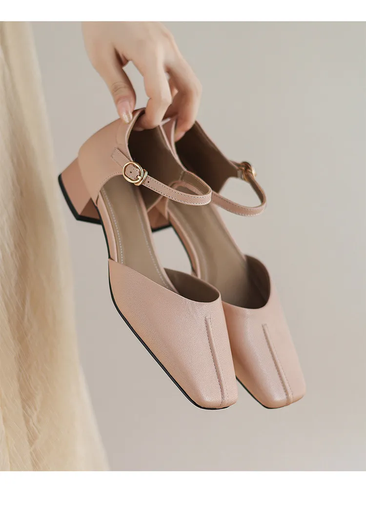Summer sandals, chunky heel, high heel, square toe, buckle, genuine leather, fashion women's shoes, style 3-12b.