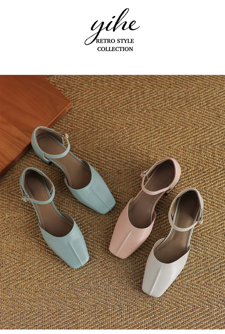 Summer sandals, chunky heel, high heel, square toe, buckle, genuine leather, fashion women's shoes, style 3-12b.
