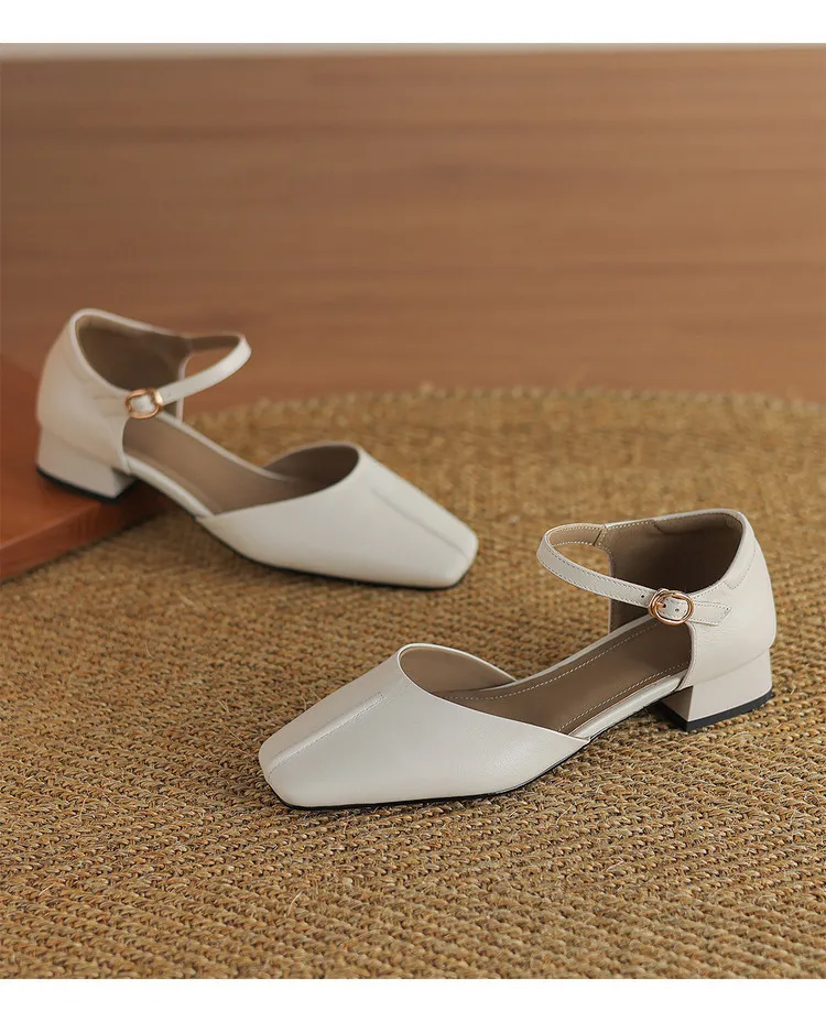 Summer sandals, chunky heel, high heel, square toe, buckle, genuine leather, fashion women's shoes, style 3-12b.