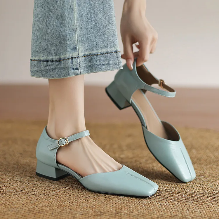 Summer sandals, chunky heel, high heel, square toe, buckle, genuine leather, fashion women's shoes, style 3-12b.