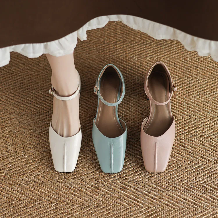 Summer sandals, chunky heel, high heel, square toe, buckle, genuine leather, fashion women's shoes, style 3-12b.