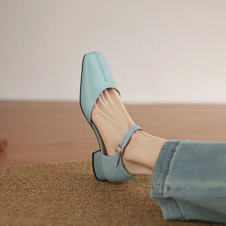 Summer sandals, chunky heel, high heel, square toe, buckle, genuine leather, fashion women's shoes, style 3-12b.