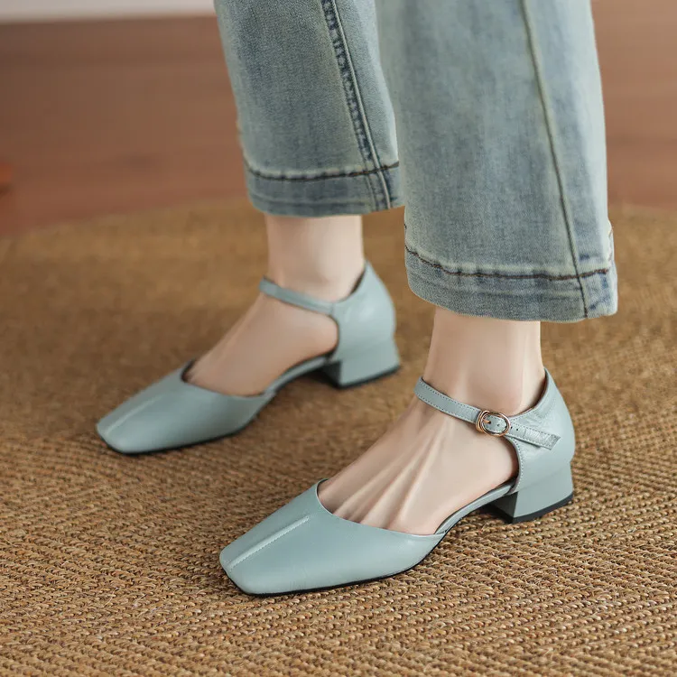 Summer sandals, chunky heel, high heel, square toe, buckle, genuine leather, fashion women's shoes, style 3-12b.