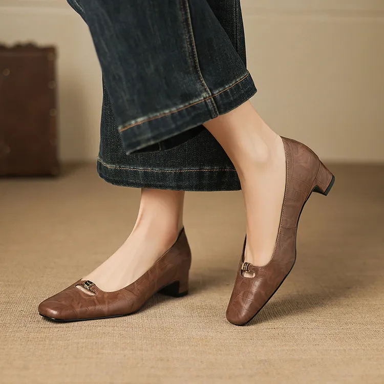 Early Spring Single Shoes, Square Toe, Chunky Heel, High Heel, Low Mouth, Fashion Women's Shoes 3-9a
