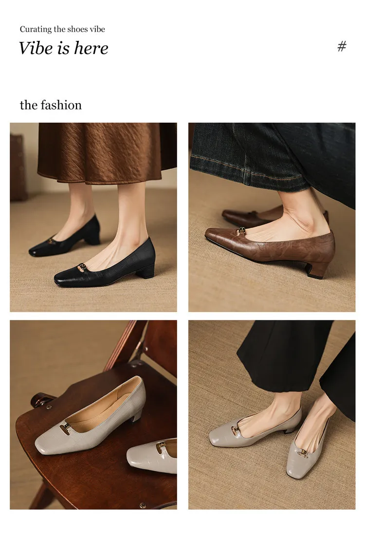 Early Spring Single Shoes, Square Toe, Chunky Heel, High Heel, Low Mouth, Fashion Women's Shoes 3-9a