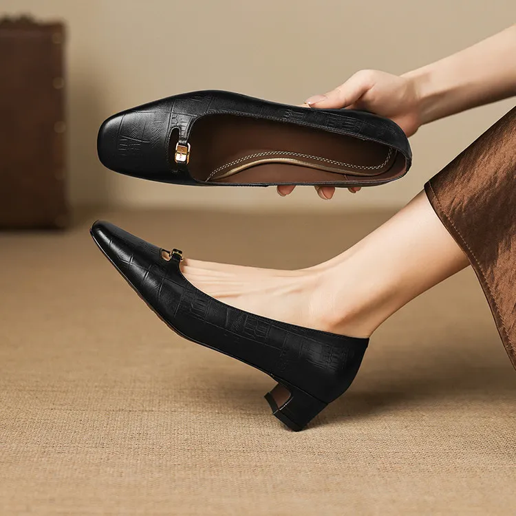Early Spring Single Shoes, Square Toe, Chunky Heel, High Heel, Low Mouth, Fashion Women's Shoes 3-9a