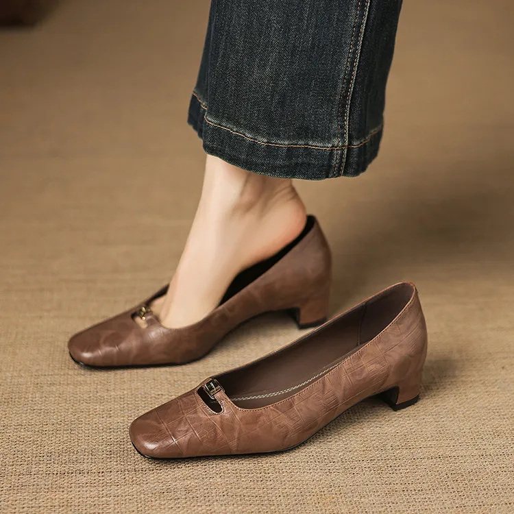 Early Spring Single Shoes, Square Toe, Chunky Heel, High Heel, Low Mouth, Fashion Women's Shoes 3-9a