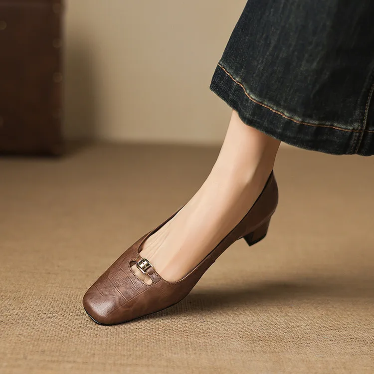 Early Spring Single Shoes, Square Toe, Chunky Heel, High Heel, Low Mouth, Fashion Women's Shoes 3-9a