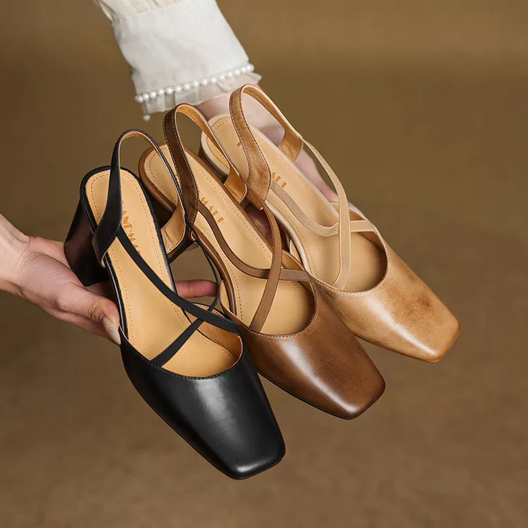 Early spring single shoes, square toe, chunky heel, high heel, cross strap, cowhide women's shoes, 3-6T genuine leather sandals