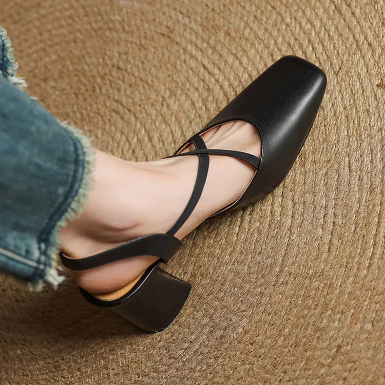 Early spring single shoes, square toe, chunky heel, high heel, cross strap, cowhide women's shoes, 3-6T genuine leather sandals