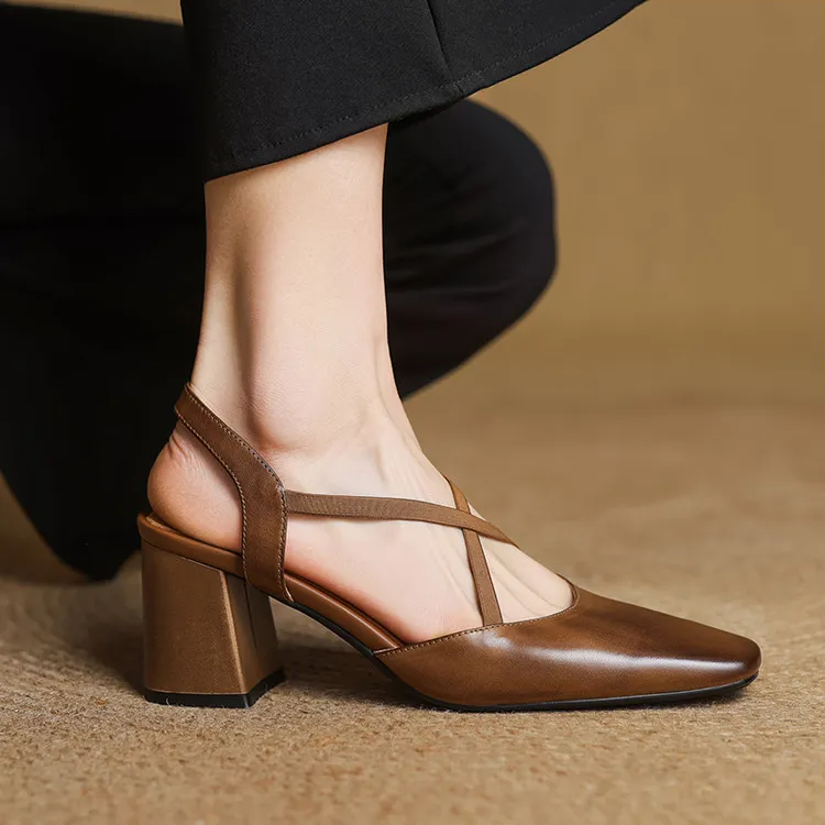 Early spring single shoes, square toe, chunky heel, high heel, cross strap, cowhide women's shoes, 3-6T genuine leather sandals