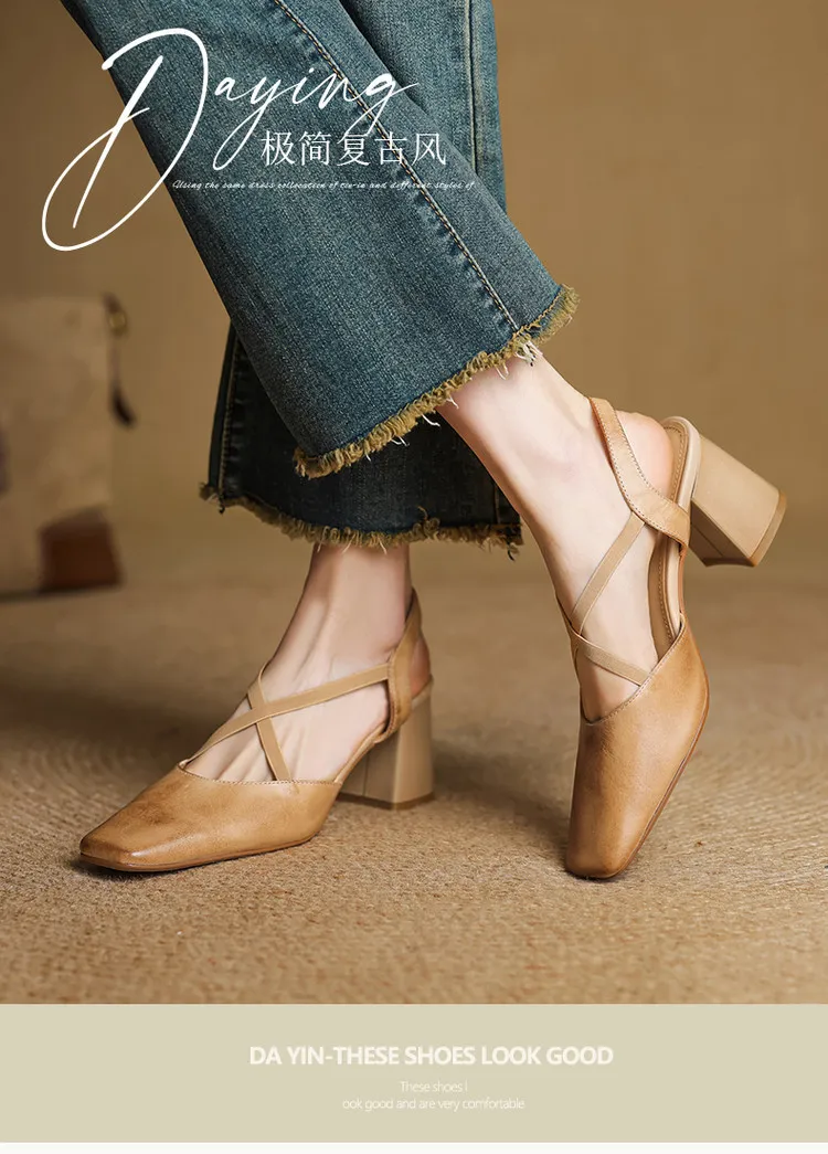 Early spring single shoes, square toe, chunky heel, high heel, cross strap, cowhide women's shoes, 3-6T genuine leather sandals