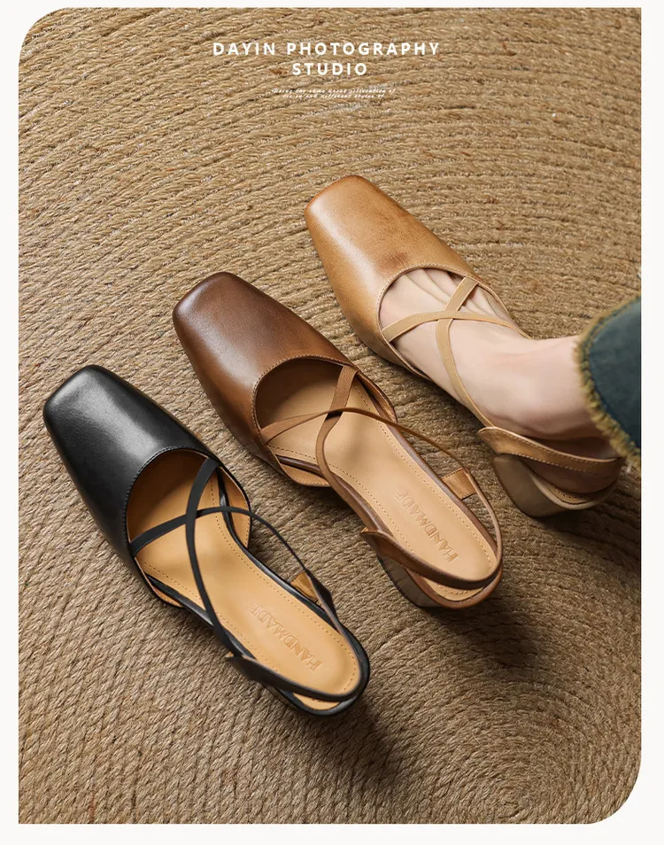 Early spring single shoes, square toe, chunky heel, high heel, cross strap, cowhide women's shoes, 3-6T genuine leather sandals