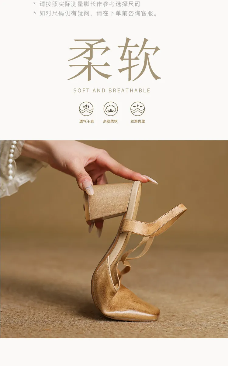 Early spring single shoes, square toe, chunky heel, high heel, cross strap, cowhide women's shoes, 3-6T genuine leather sandals