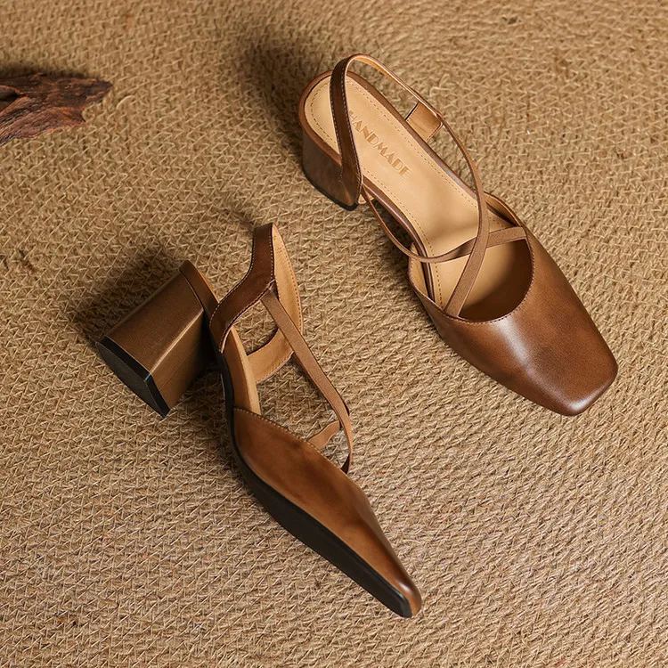Early spring single shoes, square toe, chunky heel, high heel, cross strap, cowhide women's shoes, 3-6T genuine leather sandals