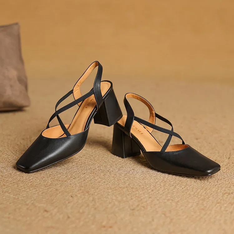 Early spring single shoes, square toe, chunky heel, high heel, cross strap, cowhide women's shoes, 3-6T genuine leather sandals