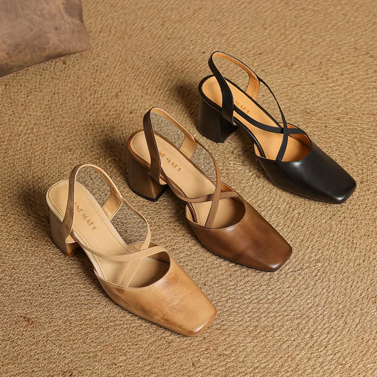 Early spring single shoes, square toe, chunky heel, high heel, cross strap, cowhide women's shoes, 3-6T genuine leather sandals