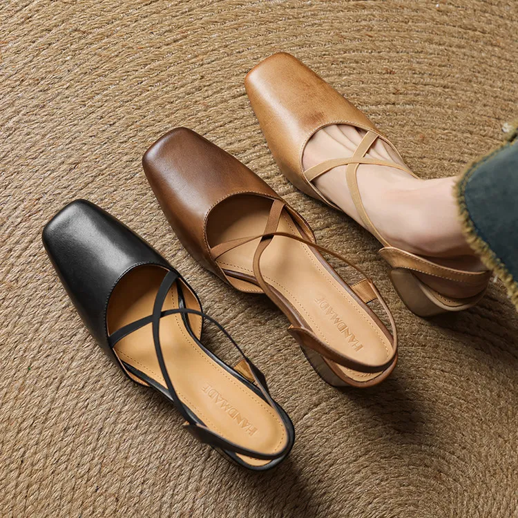 Early spring single shoes, square toe, chunky heel, high heel, cross strap, cowhide women's shoes, 3-6T genuine leather sandals