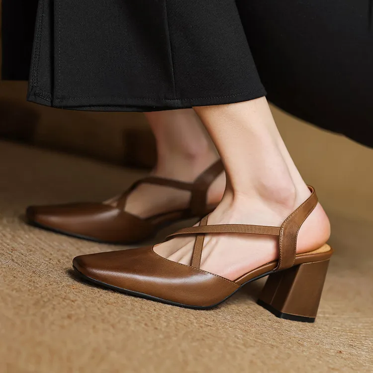 Early spring single shoes, square toe, chunky heel, high heel, cross strap, cowhide women's shoes, 3-6T genuine leather sandals