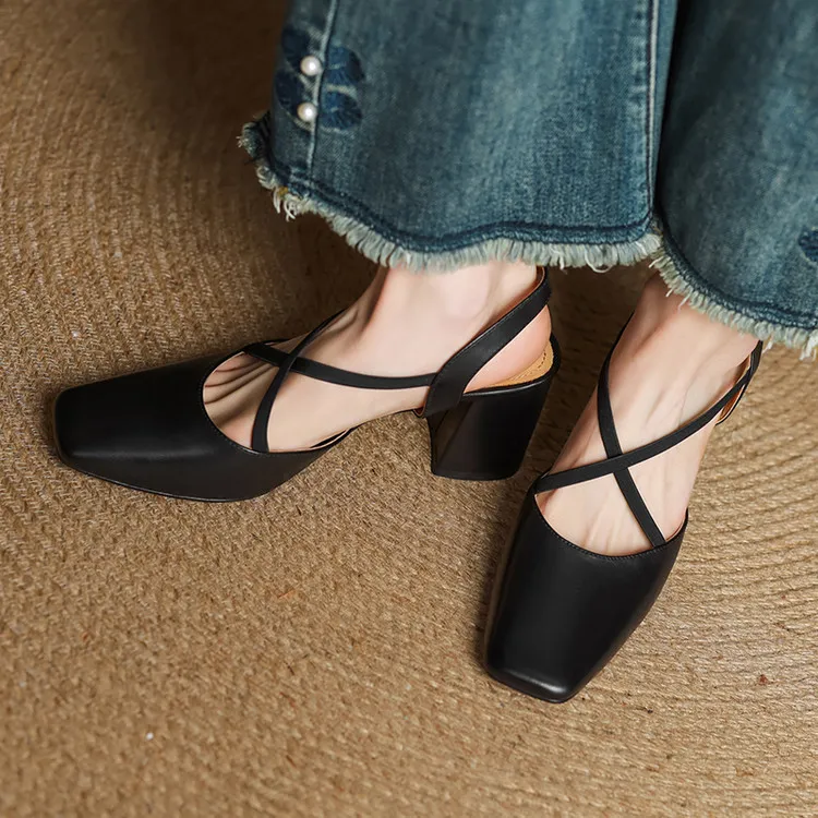 Early spring single shoes, square toe, chunky heel, high heel, cross strap, cowhide women's shoes, 3-6T genuine leather sandals