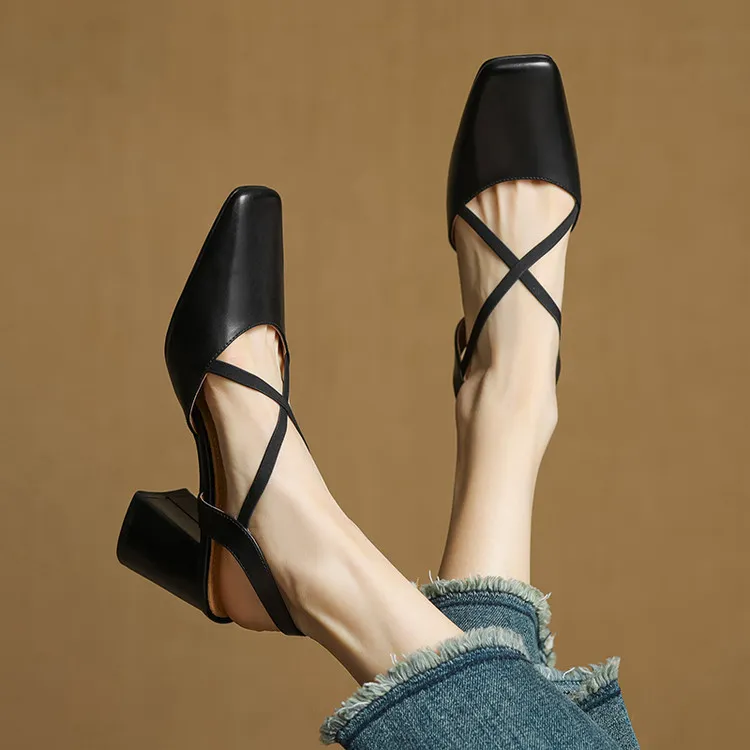Early spring single shoes, square toe, chunky heel, high heel, cross strap, cowhide women's shoes, 3-6T genuine leather sandals