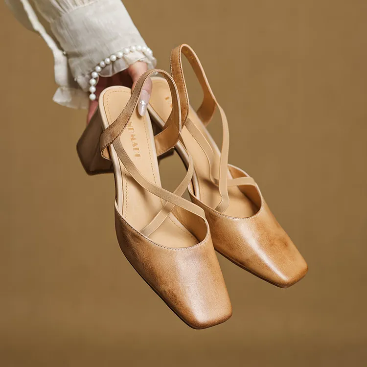 Early spring single shoes, square toe, chunky heel, high heel, cross strap, cowhide women's shoes, 3-6T genuine leather sandals
