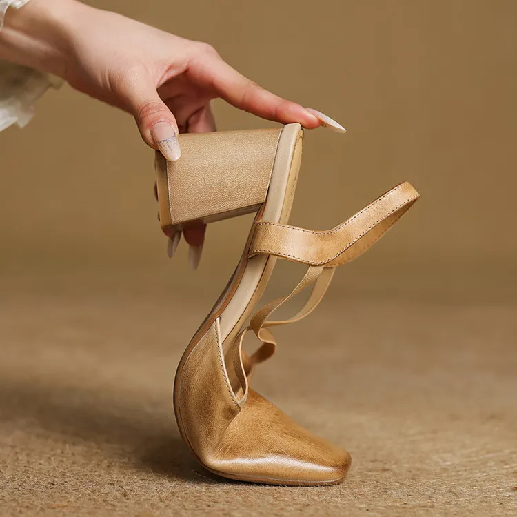 Early spring single shoes, square toe, chunky heel, high heel, cross strap, cowhide women's shoes, 3-6T genuine leather sandals