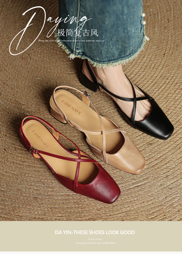 Real-life video of women's spring/summer cross-strap sandals, square toe, chunky heel, mid-to-high heel, cowhide fashion shoes.