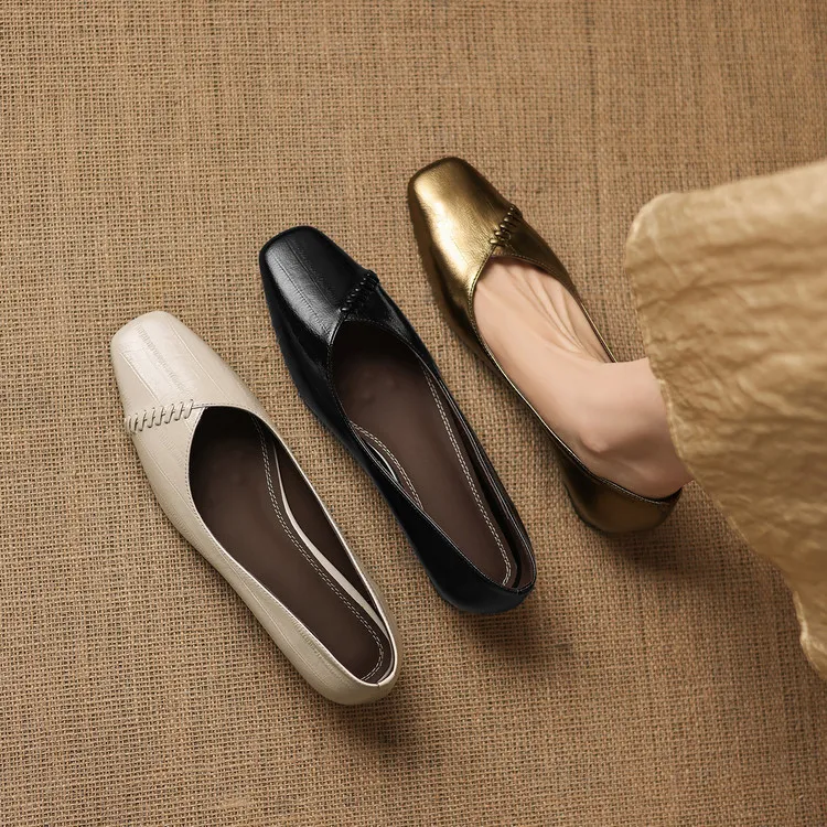 Spring single shoes, square toe, chunky heel, low heel, shallow mouth, sheepskin fashion women's shoes, 3-7i