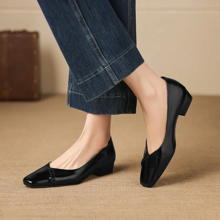 Spring single shoes, square toe, chunky heel, low heel, shallow mouth, sheepskin fashion women's shoes, 3-7i