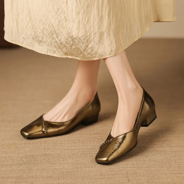 Spring single shoes, square toe, chunky heel, low heel, shallow mouth, sheepskin fashion women's shoes, 3-7i