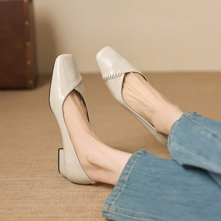 Spring single shoes, square toe, chunky heel, low heel, shallow mouth, sheepskin fashion women's shoes, 3-7i