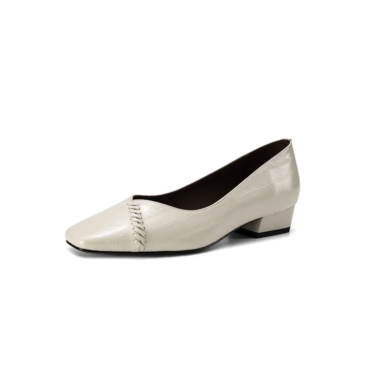 Spring single shoes, square toe, chunky heel, low heel, shallow mouth, sheepskin fashion women's shoes, 3-7i