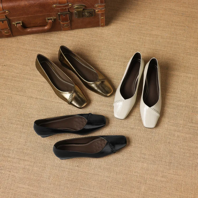 Spring single shoes, square toe, chunky heel, low heel, shallow mouth, sheepskin fashion women's shoes, 3-7i