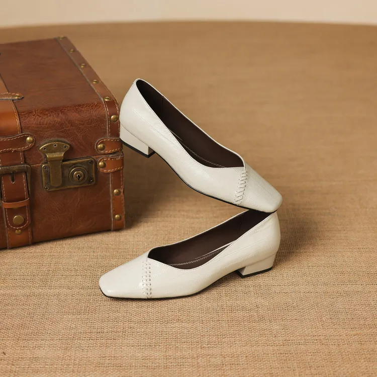 Spring single shoes, square toe, chunky heel, low heel, shallow mouth, sheepskin fashion women's shoes, 3-7i