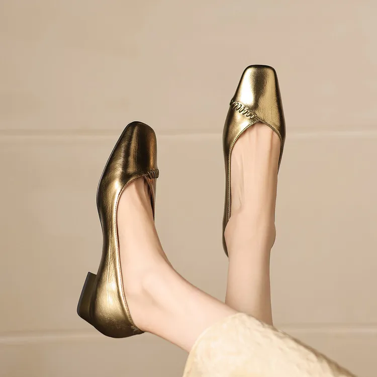 Spring single shoes, square toe, chunky heel, low heel, shallow mouth, sheepskin fashion women's shoes, 3-7i
