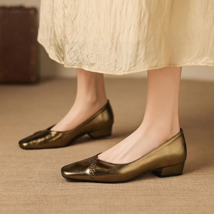 Spring single shoes, square toe, chunky heel, low heel, shallow mouth, sheepskin fashion women's shoes, 3-7i