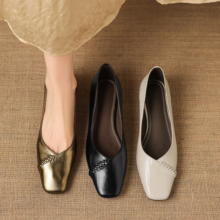 Spring single shoes, square toe, chunky heel, low heel, shallow mouth, sheepskin fashion women's shoes, 3-7i