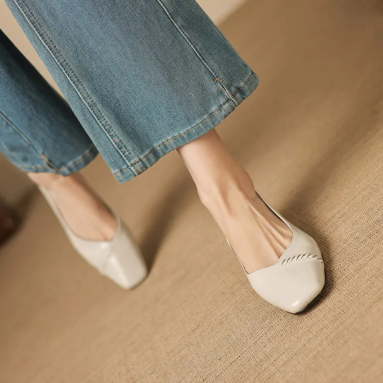 Spring single shoes, square toe, chunky heel, low heel, shallow mouth, sheepskin fashion women's shoes, 3-7i