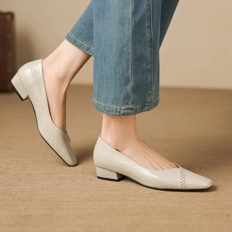 Spring single shoes, square toe, chunky heel, low heel, shallow mouth, sheepskin fashion women's shoes, 3-7i