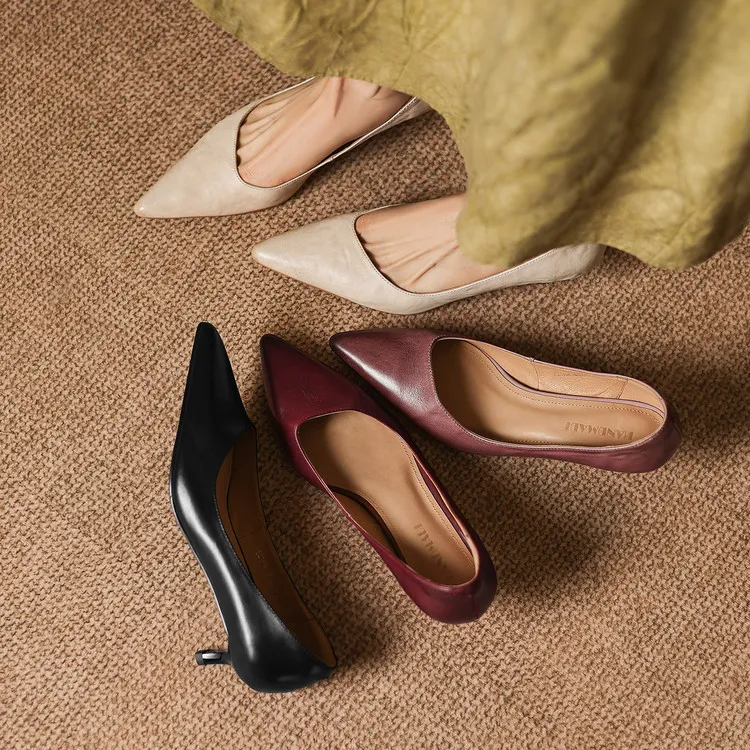 Early spring single shoes, pointed toe, low-cut, stiletto heel, high heel, cowhide fashion women's shoes, 3-7h fashion.