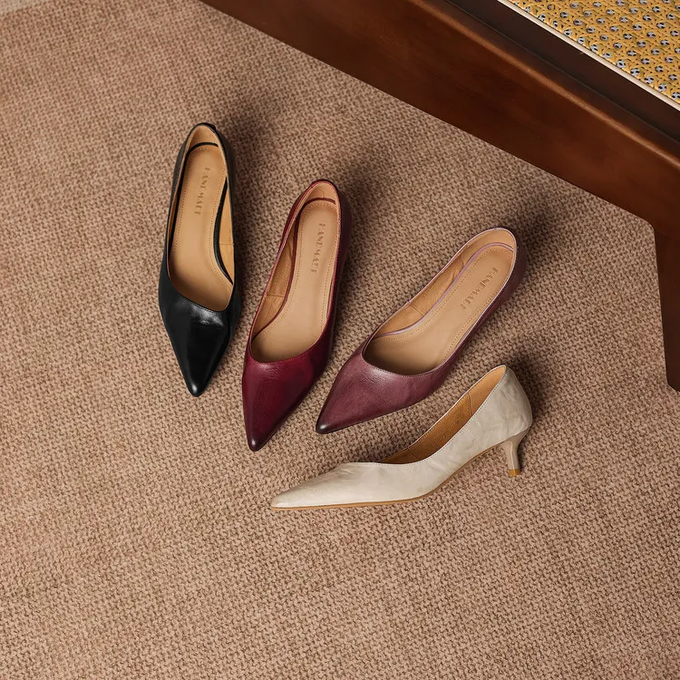 Early spring single shoes, pointed toe, low-cut, stiletto heel, high heel, cowhide fashion women's shoes, 3-7h fashion.