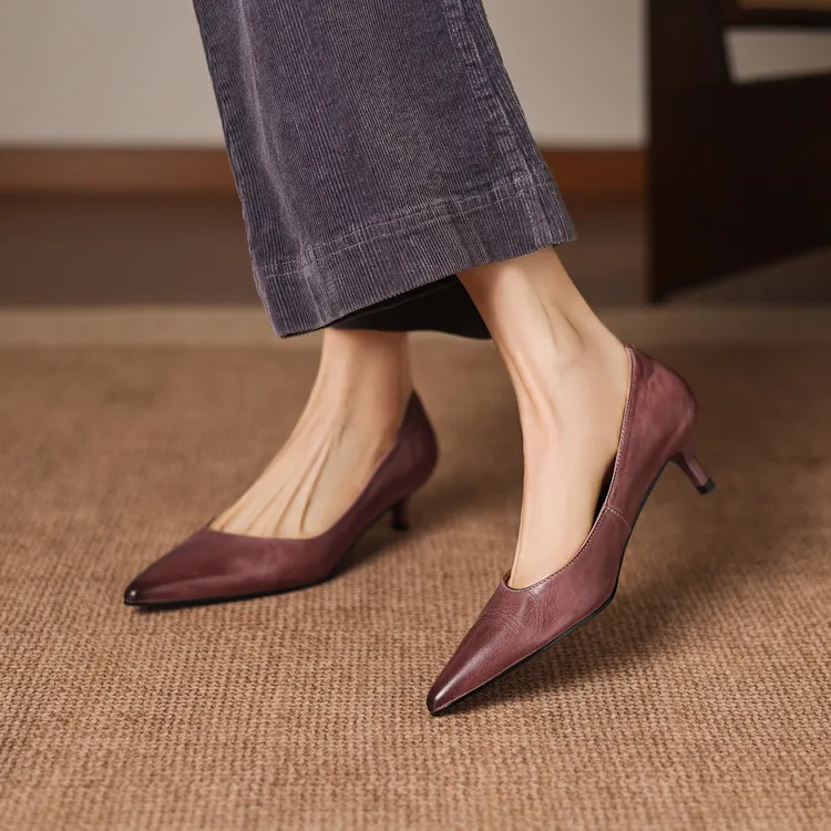 Early spring single shoes, pointed toe, low-cut, stiletto heel, high heel, cowhide fashion women's shoes, 3-7h fashion.