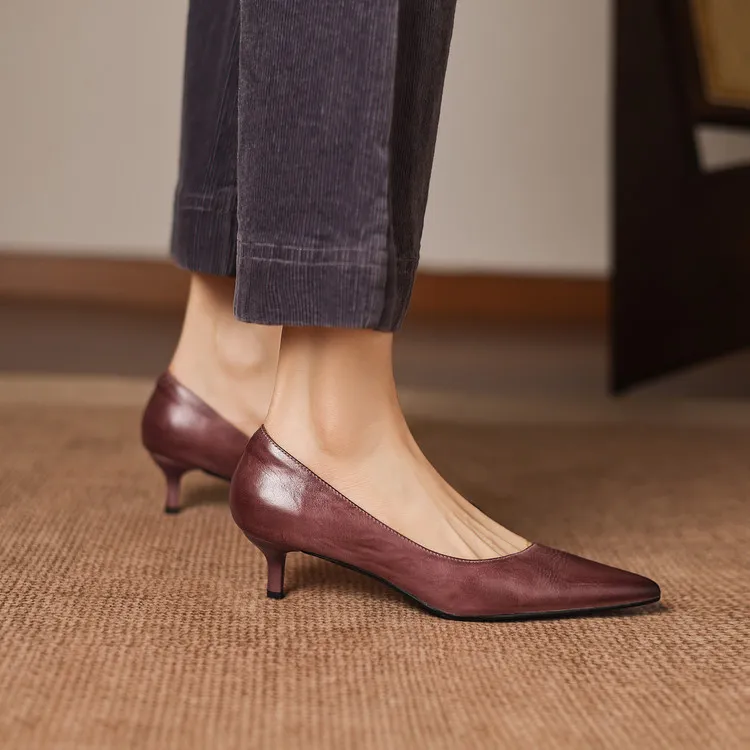 Early spring single shoes, pointed toe, low-cut, stiletto heel, high heel, cowhide fashion women's shoes, 3-7h fashion.