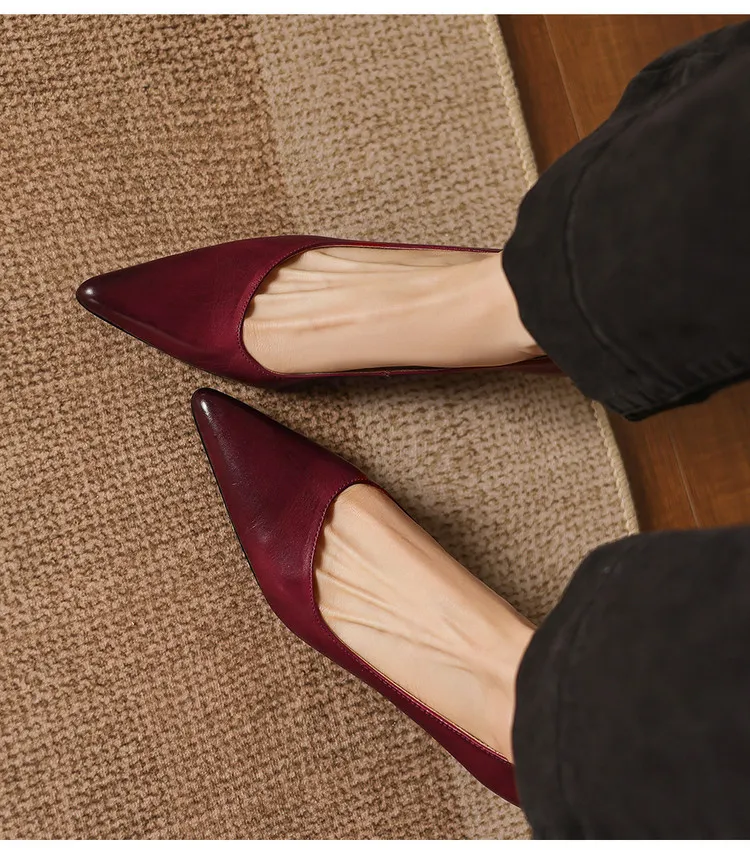 Early spring single shoes, pointed toe, low-cut, stiletto heel, high heel, cowhide fashion women's shoes, 3-7h fashion.