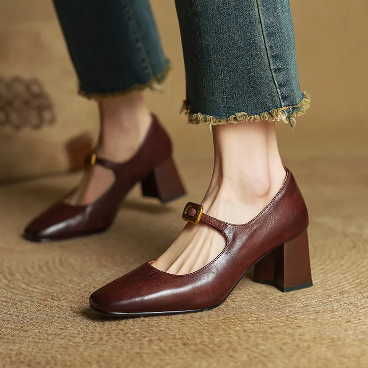 Discontinued stock available in various sizes - Spring style square-toe chunky heel high-heeled women's leather shoes, 3-12g