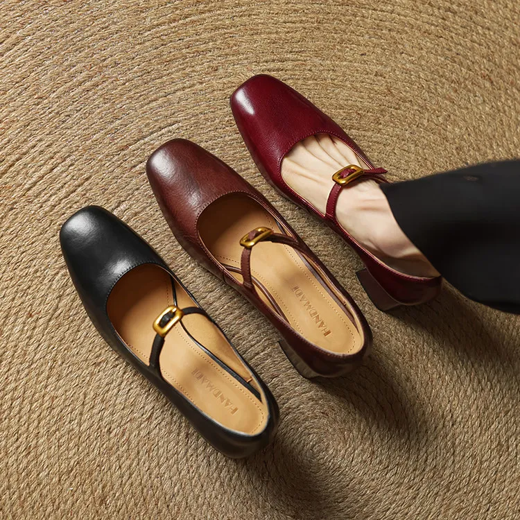 Discontinued stock available in various sizes - Spring style square-toe chunky heel high-heeled women's leather shoes, 3-12g