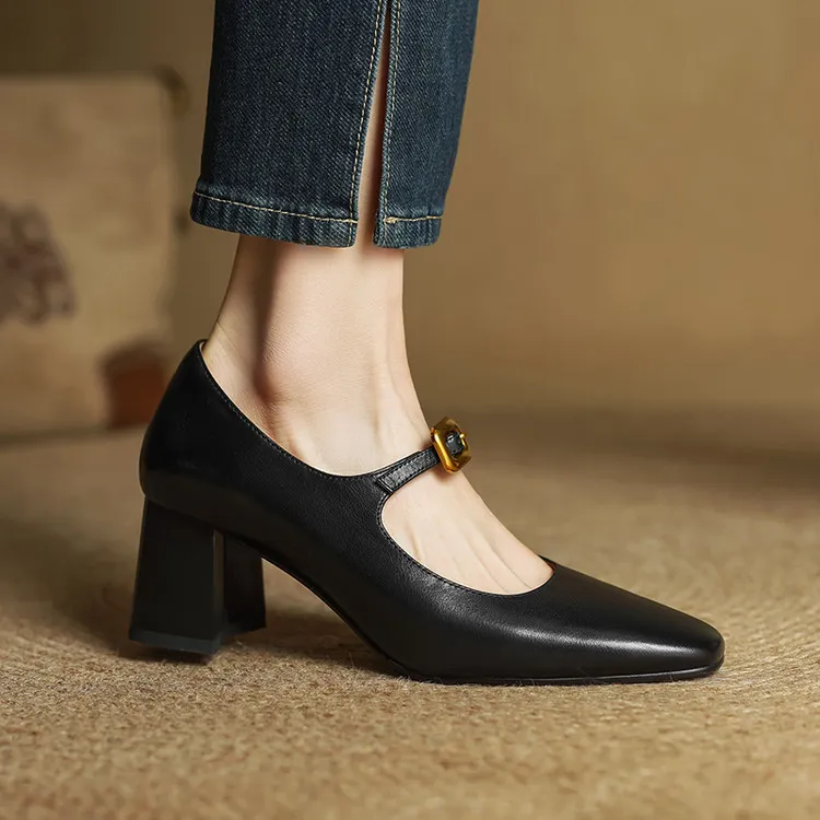 Discontinued stock available in various sizes - Spring style square-toe chunky heel high-heeled women's leather shoes, 3-12g