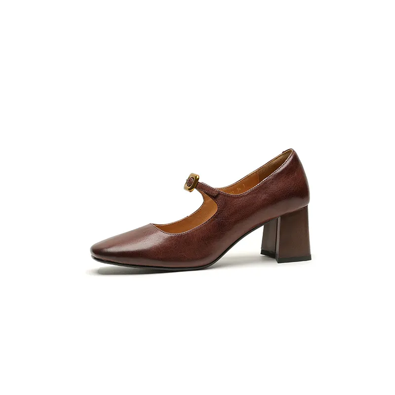Discontinued stock available in various sizes - Spring style square-toe chunky heel high-heeled women's leather shoes, 3-12g